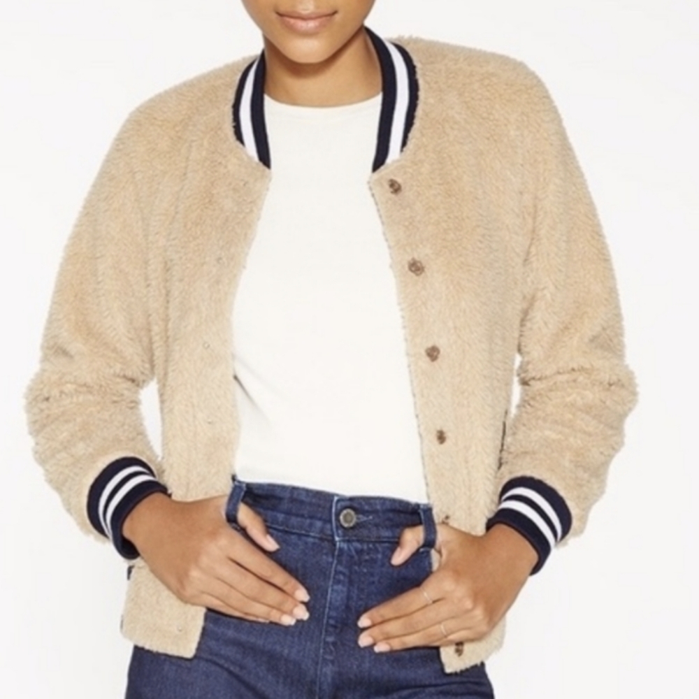 MOTHER fleece snap front letterman jacket L